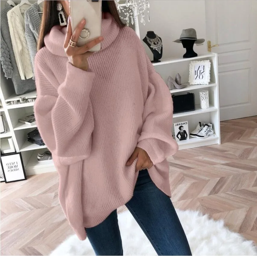 Sweter damski golf oversize z dzianiny Różowy