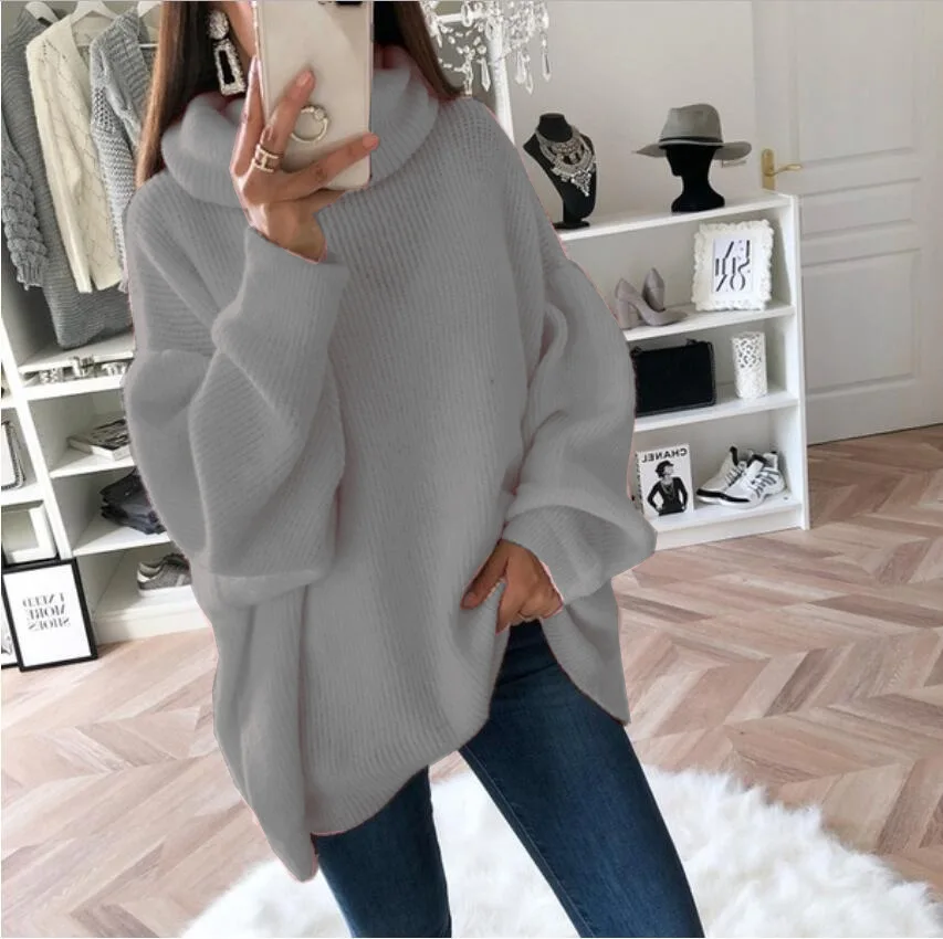 Sweter damski golf oversize z dzianiny Szary