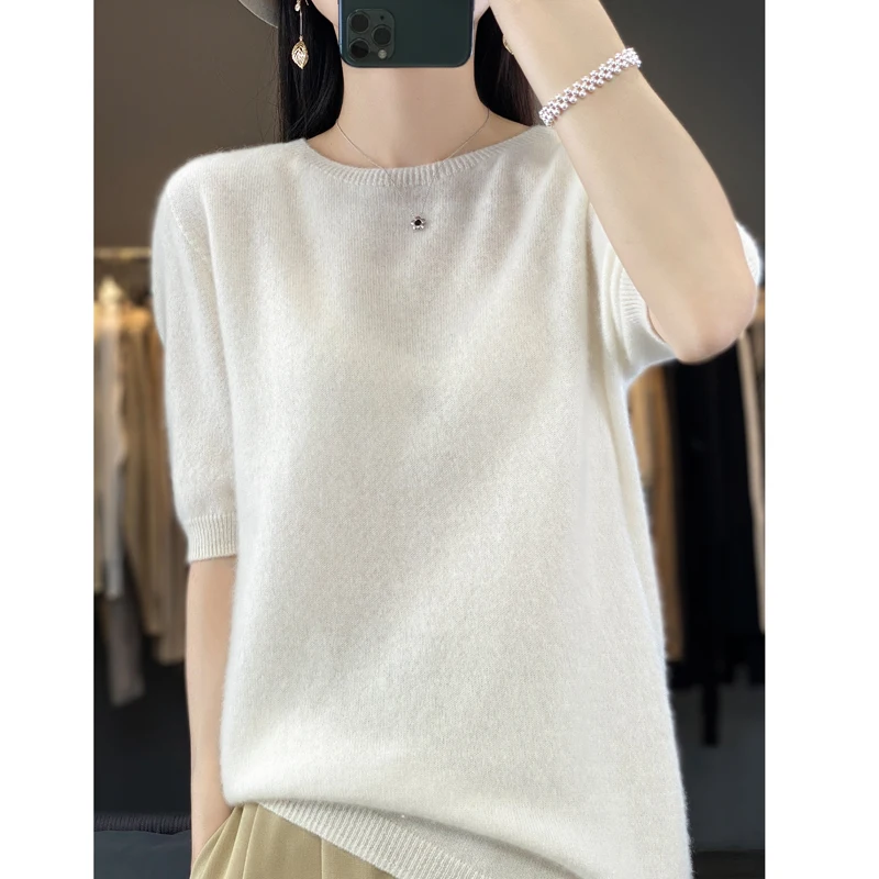 Sweter damski z krótkim rękawem z domieszką wełny Biały