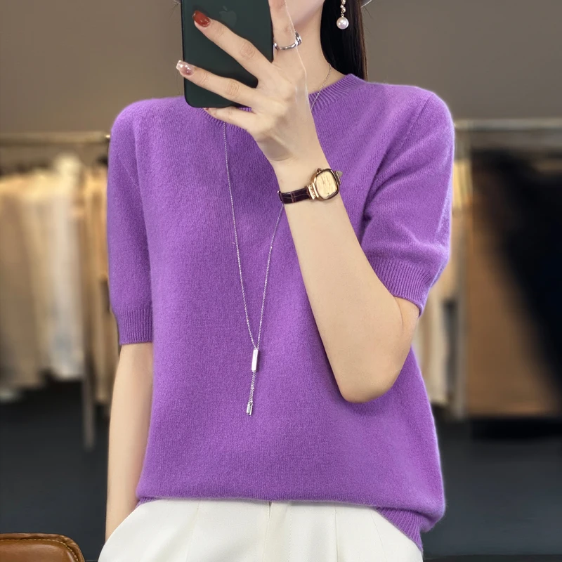 Sweter damski z krótkim rękawem z domieszką wełny Fioletowy