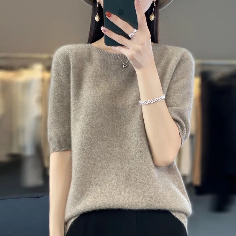 Sweter damski z krótkim rękawem z domieszką wełny Głównik