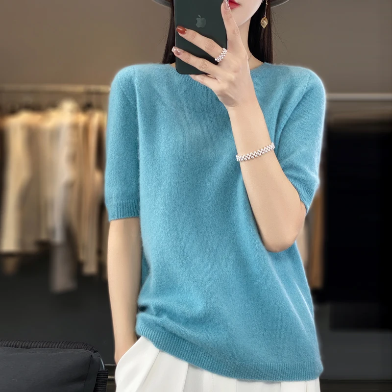 Sweter damski z krótkim rękawem z domieszką wełny Jezioro błękitne