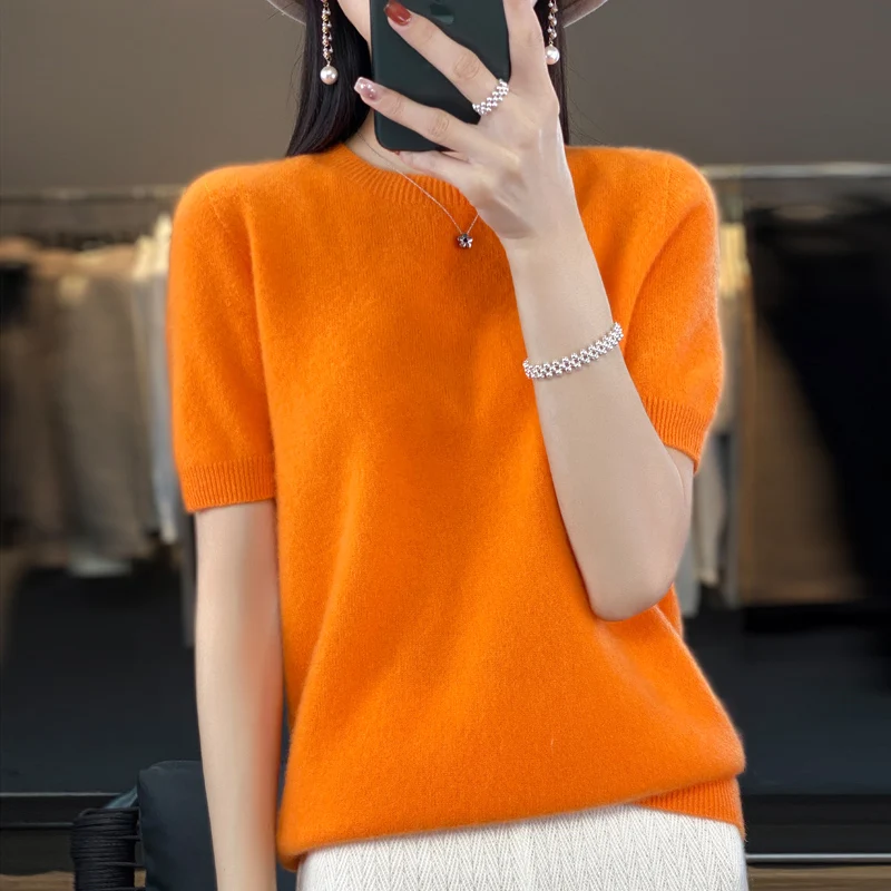 Sweter damski z krótkim rękawem z domieszką wełny Pomarańczowy