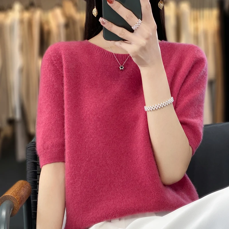 Sweter damski z krótkim rękawem z domieszką wełny Malinowy