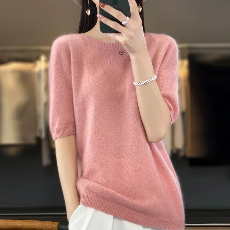 Sweter damski z krótkim rękawem z domieszką wełny Różowy