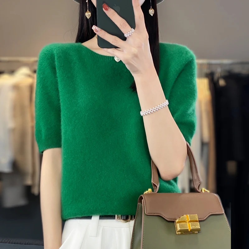 Sweter damski z krótkim rękawem z domieszką wełny Zielony