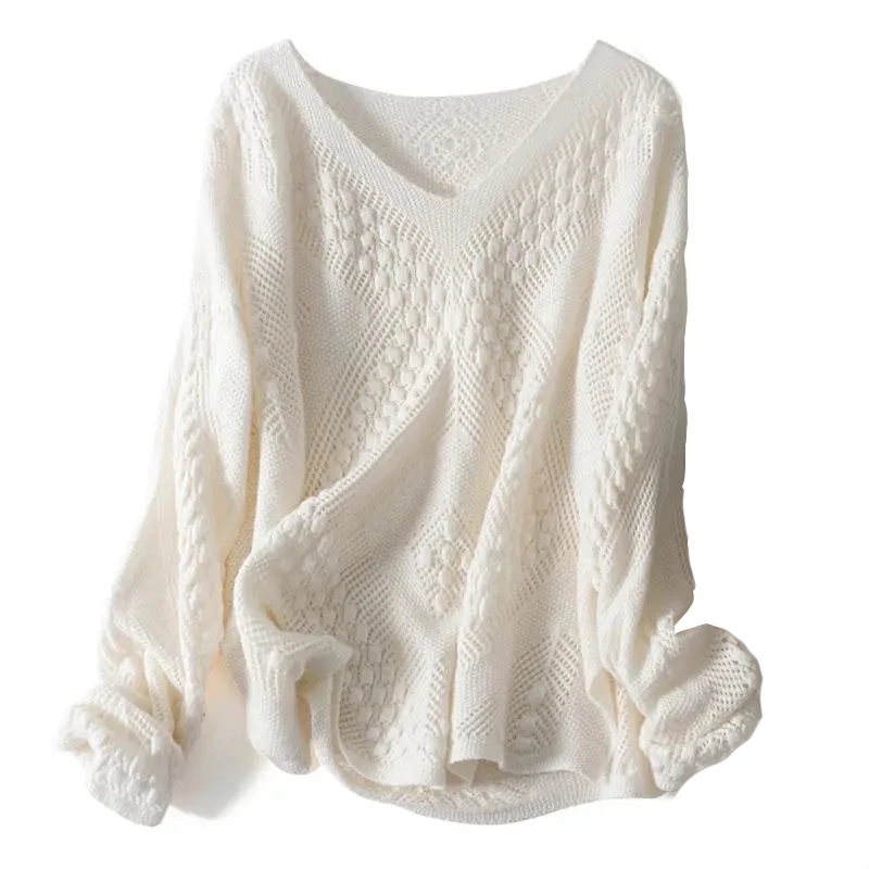 Sweter damski plus size do 6XL ażurowy oversize długi rękaw Beżowy