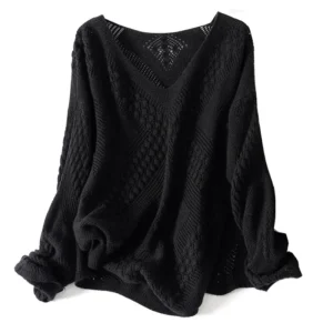 Sweter damski plus size do 6XL ażurowy oversize długi rękaw Czarny