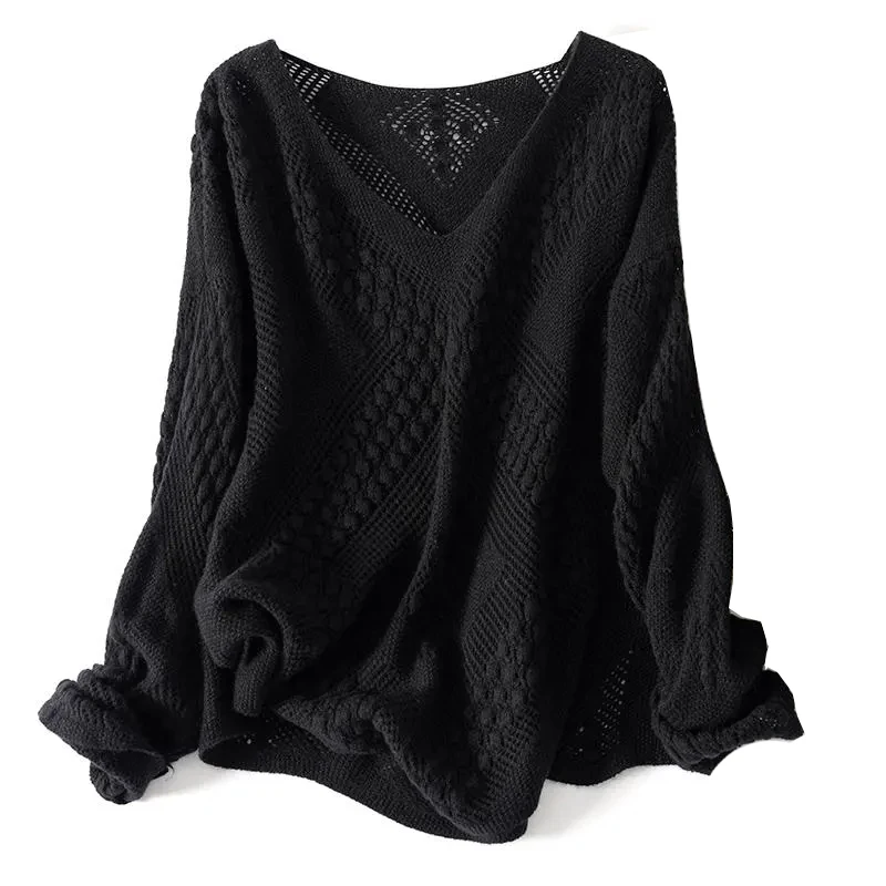 Sweter damski plus size do 6XL ażurowy oversize długi rękaw Czarny