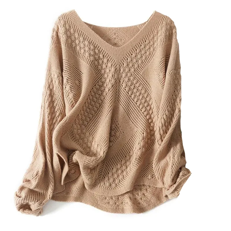 Sweter damski plus size do 6XL ażurowy oversize długi rękaw Khaki