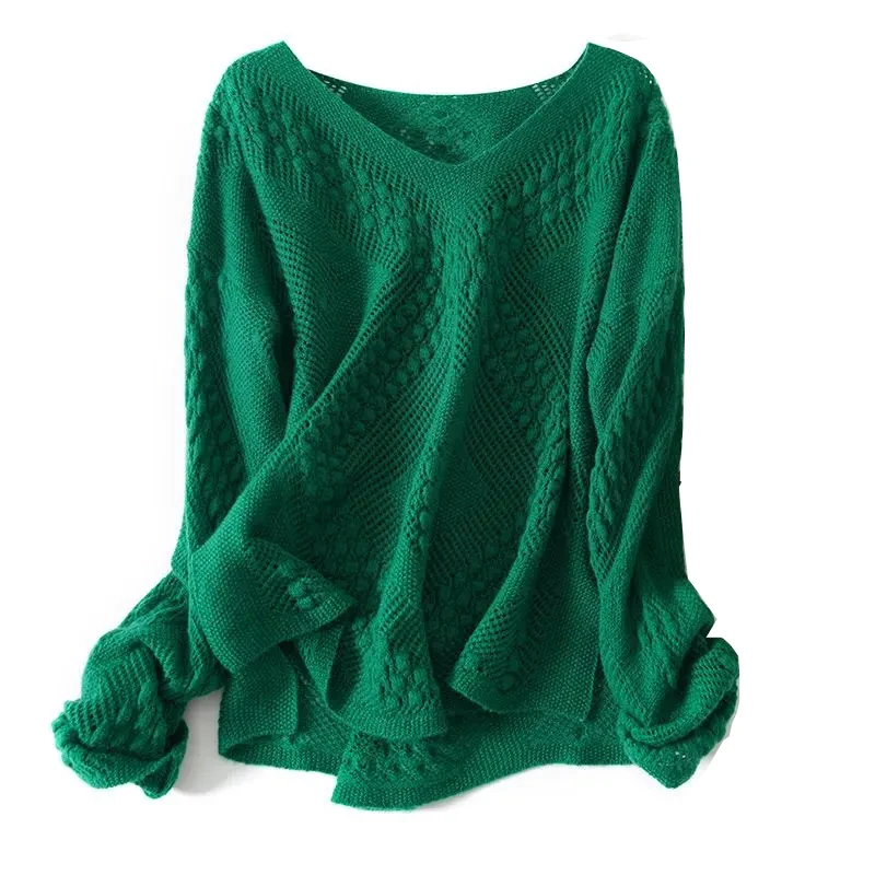 Sweter damski plus size do 6XL ażurowy oversize długi rękaw Zielony
