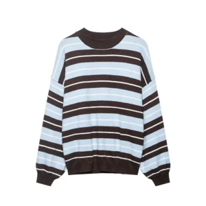 Sweter damski polo w paski z długim rękawem Niebieski