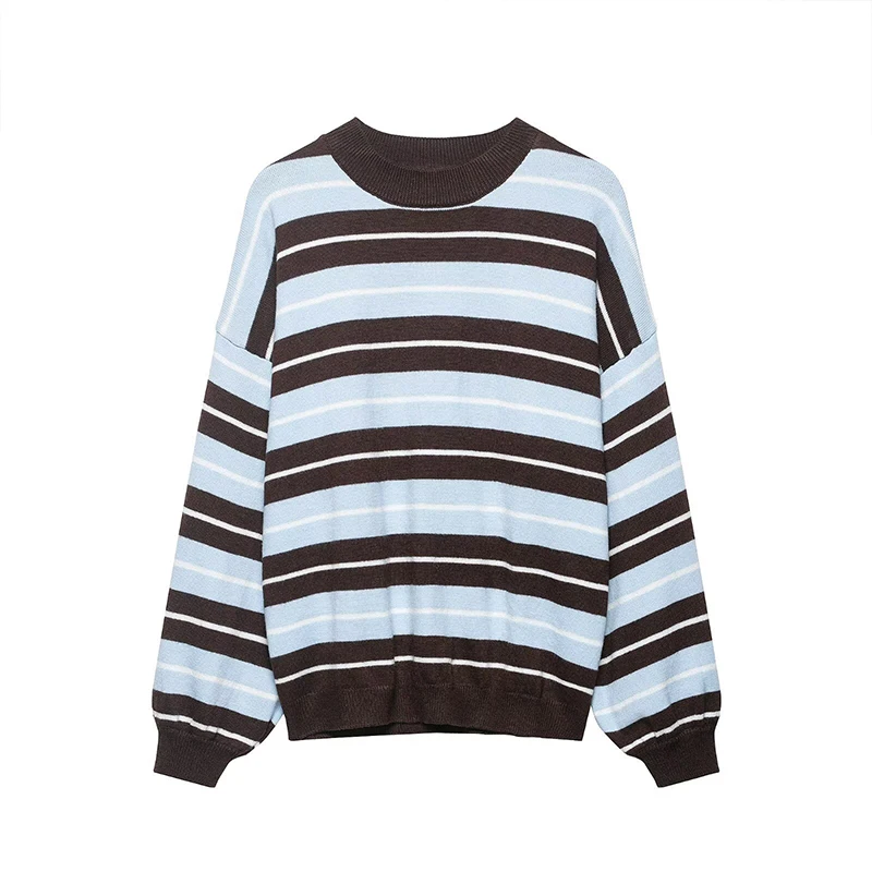 Sweter damski polo w paski z długim rękawem Niebieski