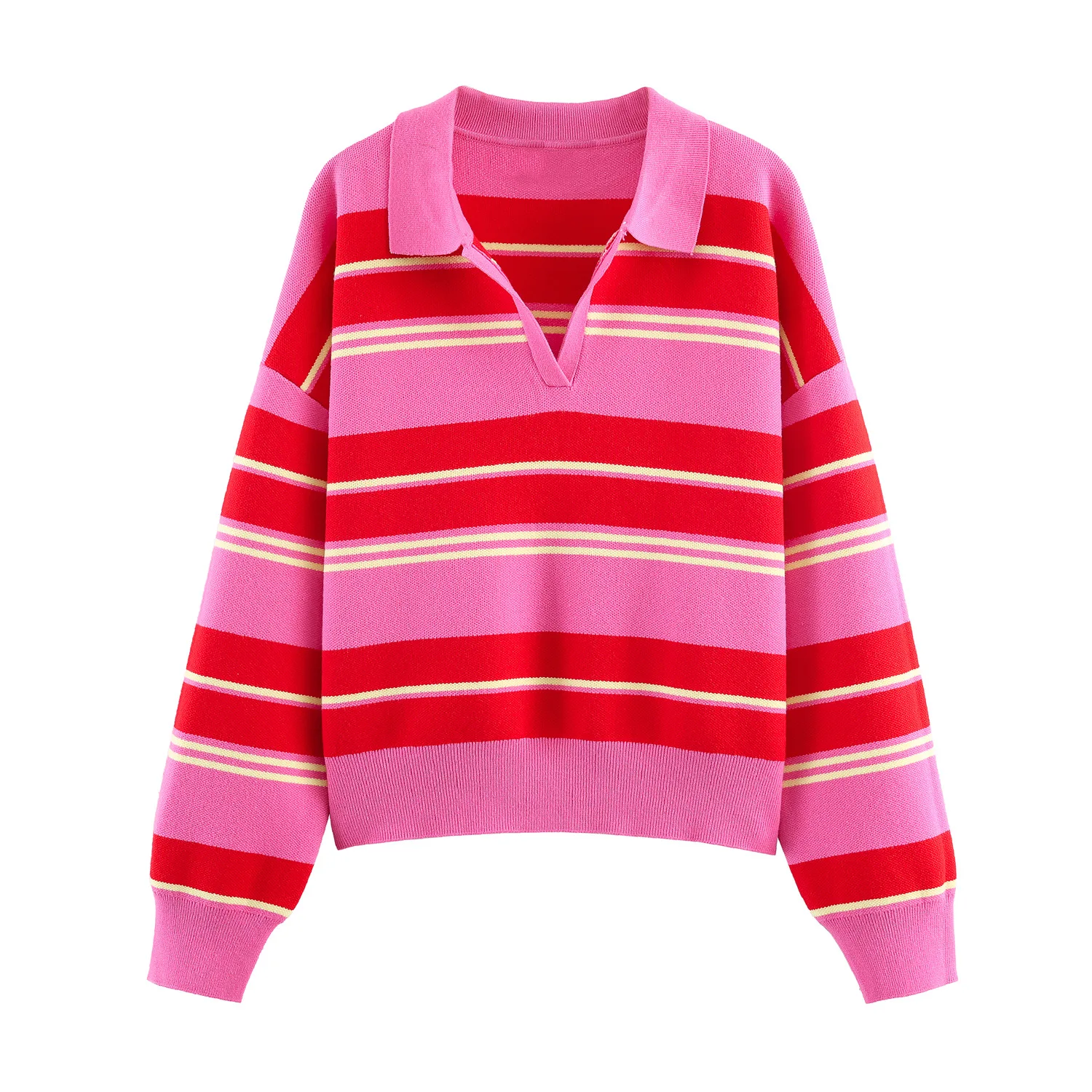 Sweter damski polo w paski z długim rękawem Różowy