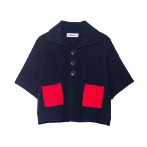 Sweter damski z kieszenią w stylu retro, dzianinowy Granatowy