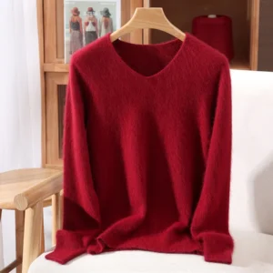 Sweter damski z dekoltem V dzianinowy slim – jesień zima Rdzawy