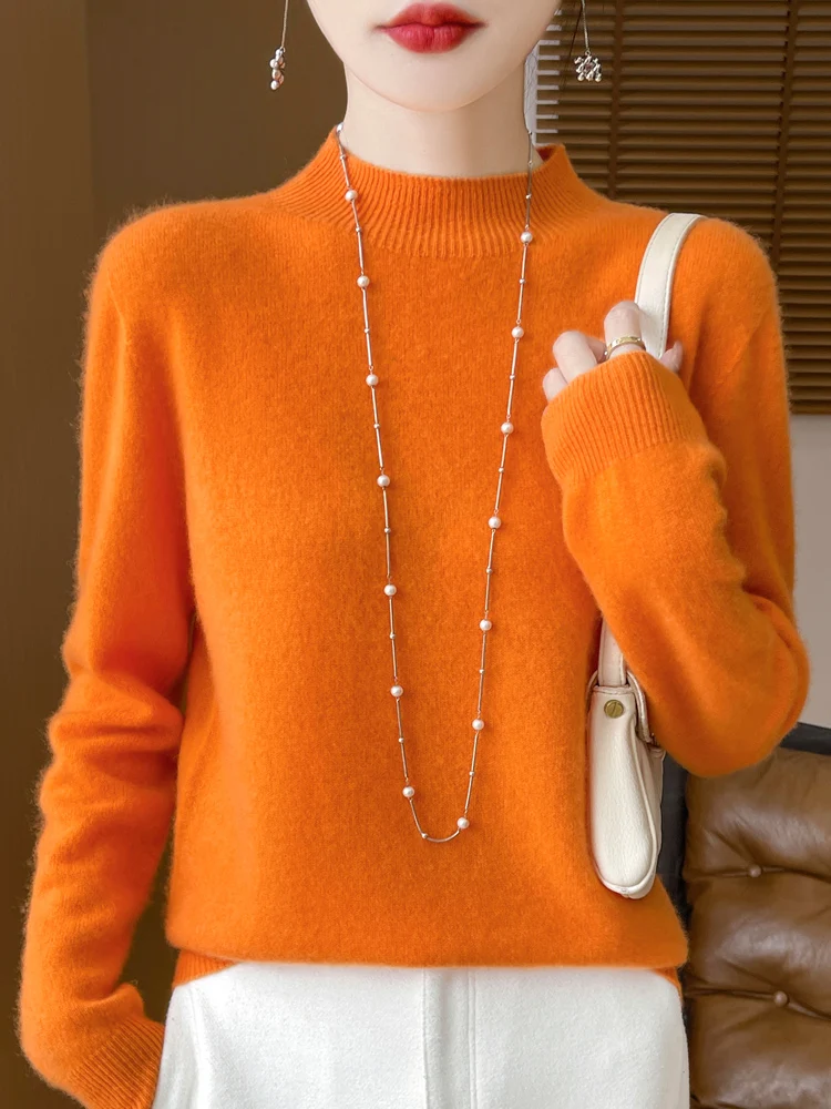 Elegancki sweter damski z wełny merino Pomarańczowy