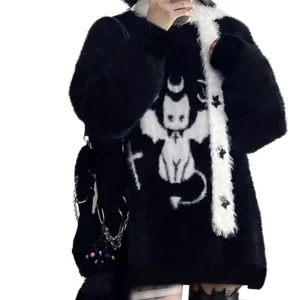 Sweter Harajuku Gothic cartoon oversize dzianinowy Y2K Czarny