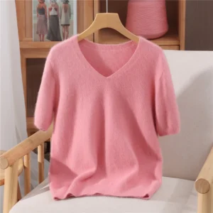 Sweter kaszmirowy damski z krótkim rękawem T-shirt V-neck Różowy