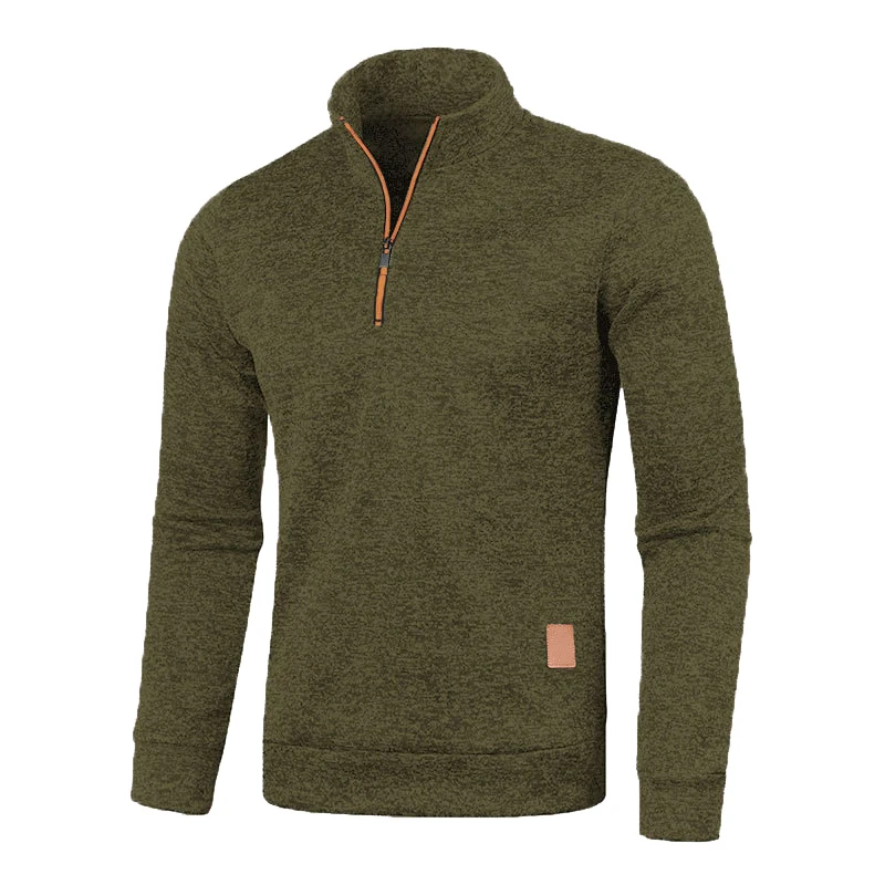Sweter męski golf z krótkim zamkiem - ciepła bluza dzianinowa Khaki