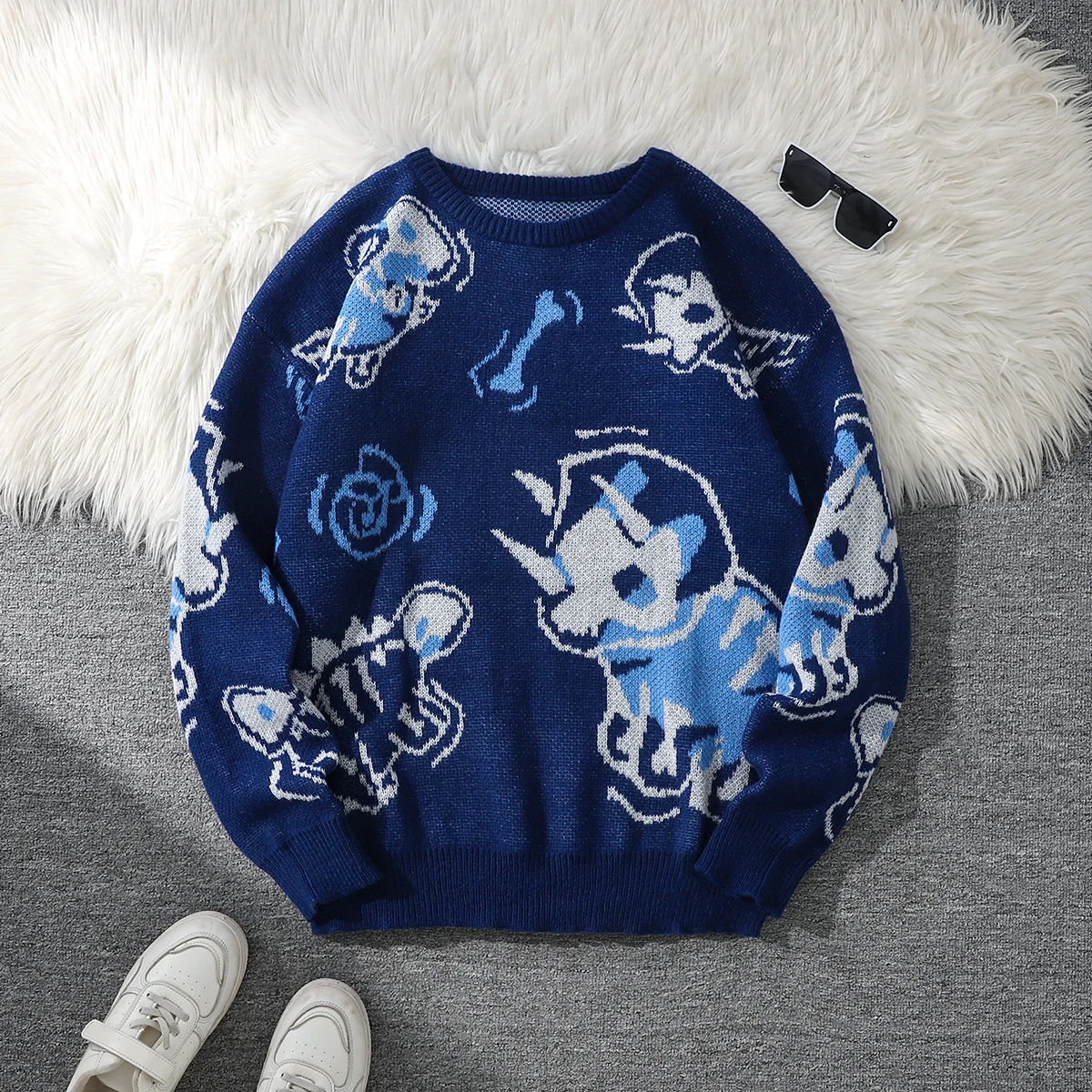 Sweter męski jacquard ze smokiem gruby splot Niebieski