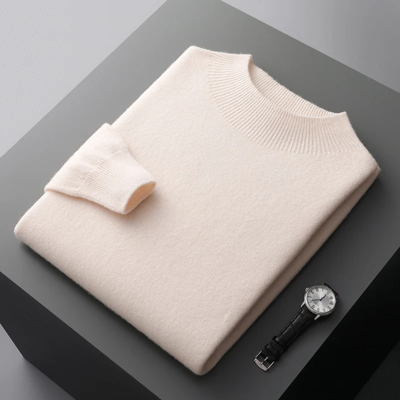 Sweter męski wełniany półgolf kaszmirowy Beżowy
