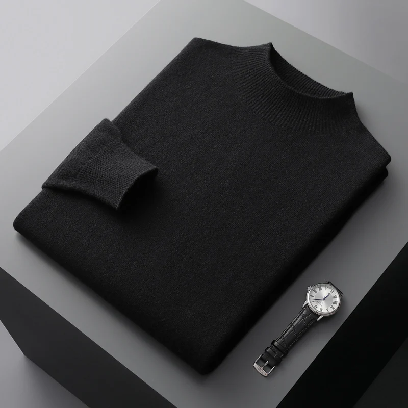 Sweter męski wełniany półgolf kaszmirowy Czarny