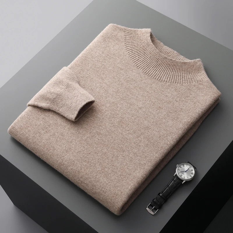 Sweter męski wełniany półgolf kaszmirowy Camelowy