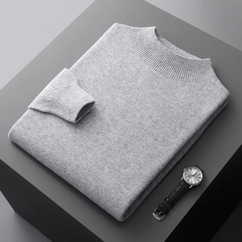 Sweter męski wełniany półgolf kaszmirowy Jasnoszary