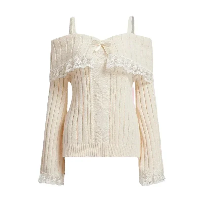 Sweter off-shoulder damski różowy Y2K z koronkowym wykończeniem Beżowy