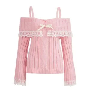 Sweter off-shoulder damski różowy Y2K z koronkowym wykończeniem Różowy