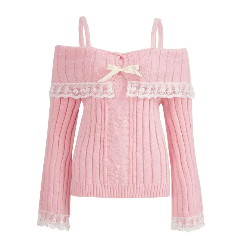 Sweter off-shoulder damski różowy Y2K z koronkowym wykończeniem Różowy