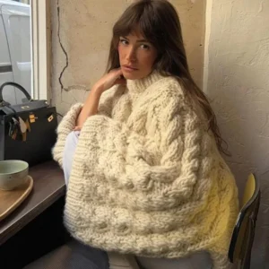 Sweter oversize damski lazy-style okrągły dekolt dzianina Beżowy