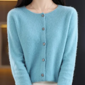 Sweter damski z wełny merino z okrągłym dekoltem Błękitny