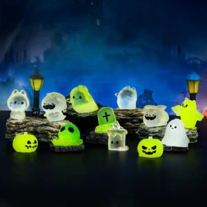 Świecące figurki na Halloween – kot, duch, dynia 12 szt. Jasnoszary