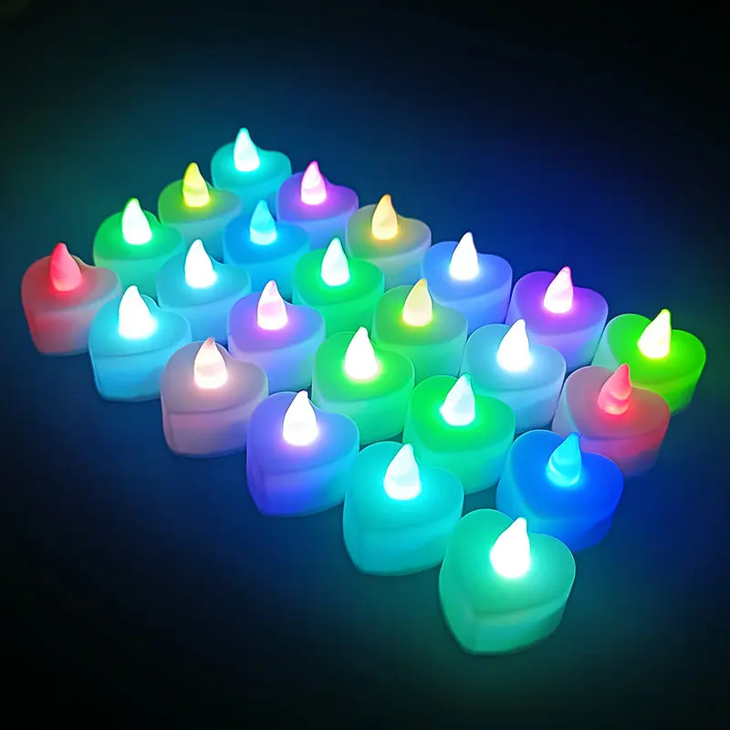 Bezpłomieniowe świeczki LED tealight w kształcie serca 24 sztuki Colourful