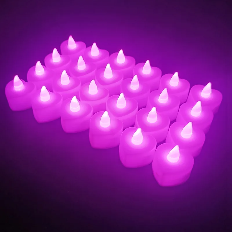 Bezpłomieniowe świeczki LED tealight w kształcie serca 24 sztuki Fioletowy