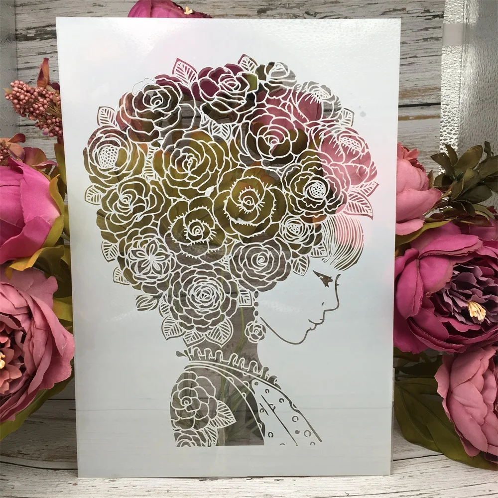 Szablon A4 – dziewczyna z kwiatami we włosach do scrapbookingu Czarny