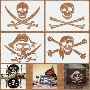 Szablony malarskie czaszki pirata – 4 szt. A4 na Halloween 