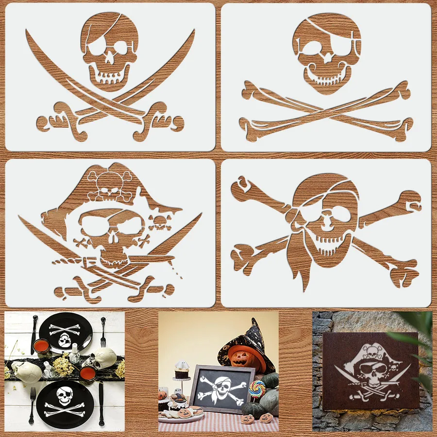 Szablony malarskie czaszki pirata – 4 szt. A4 na Halloween