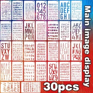 Szablony do malowania i scrapbookingu — zestaw 30 liter i cyfr 18 cm Czarny