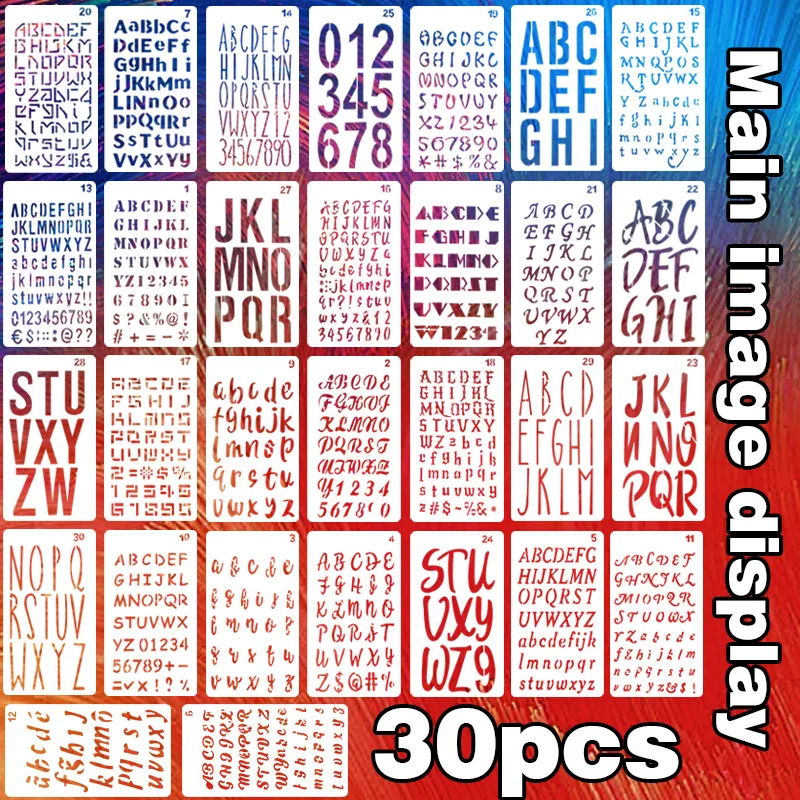 Szablony do malowania i scrapbookingu — zestaw 30 liter i cyfr 18 cm Czarny