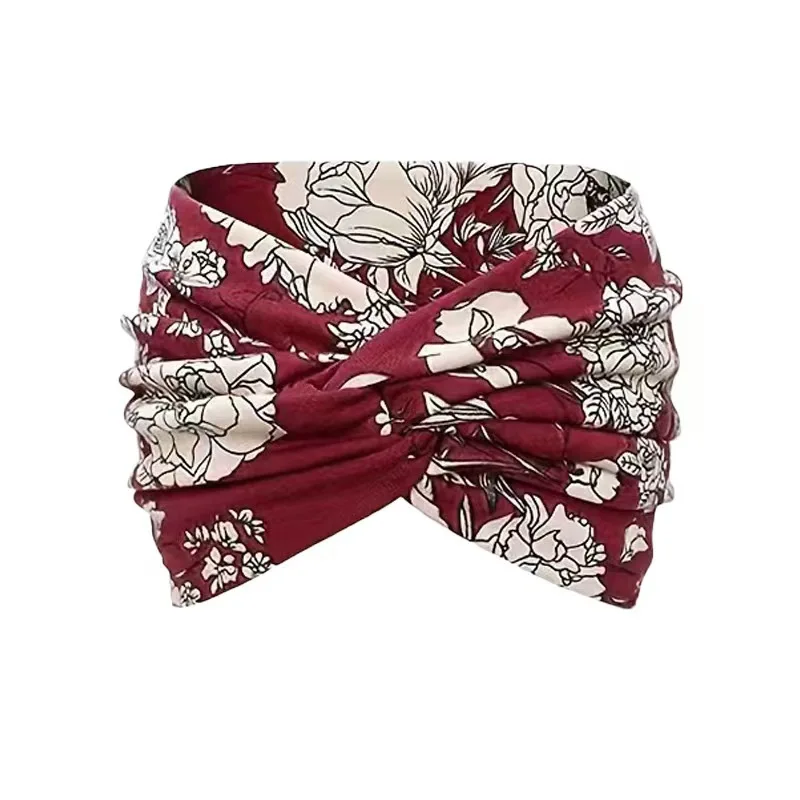 Szeroka opaska do włosów turban w kwiaty dla kobiet Czerwone wino