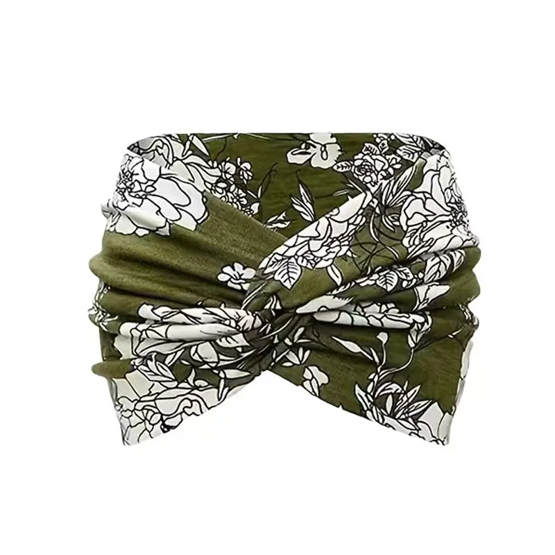 Szeroka opaska do włosów turban w kwiaty dla kobiet Zielony