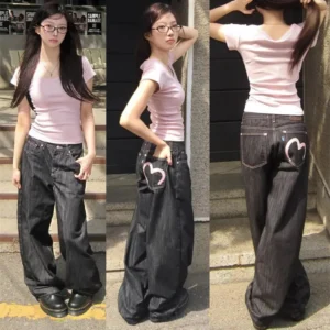 Szerokie damskie jeansy Y2K w stylu grunge i kowbojskim Czarny