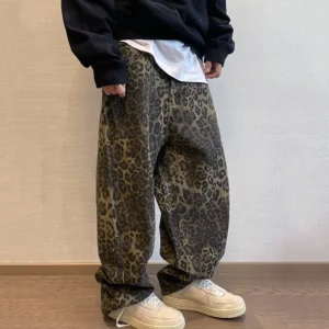 Szerokie spodnie jeansowe z nadrukiem w cętki – styl vintage streetwear Brązowy