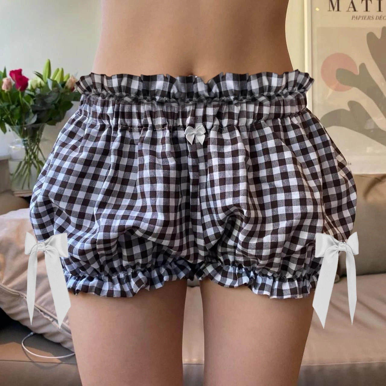 Szorty bloomers w kratę Y2K z kokardką w pasie Błękitny