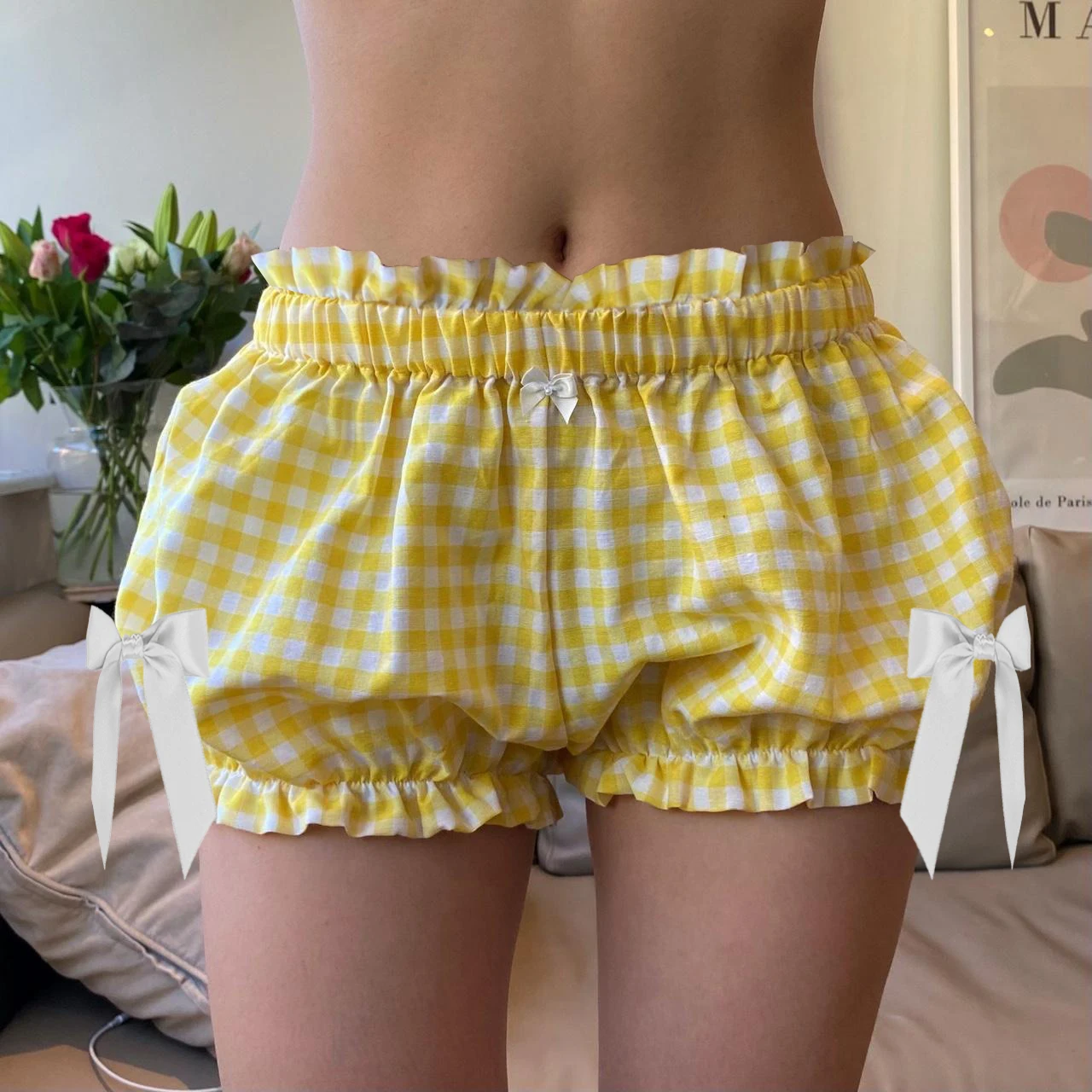 Szorty bloomers w kratę Y2K z kokardką w pasie Brązowy