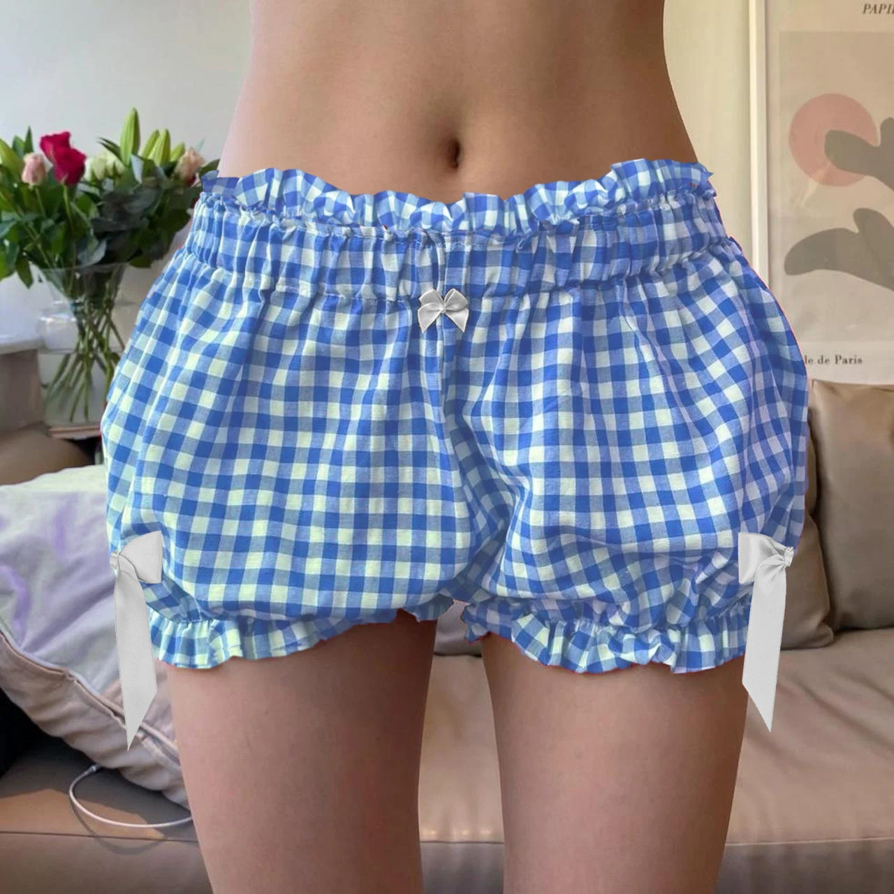 Szorty bloomers w kratę Y2K z kokardką w pasie Czarny