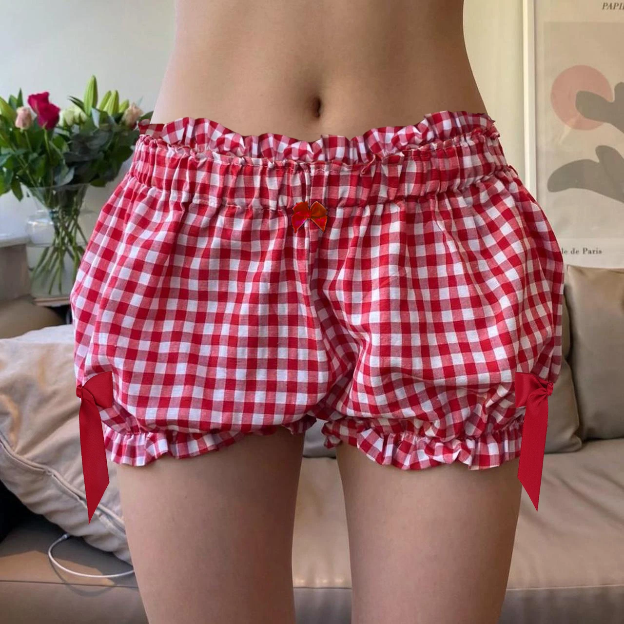 Szorty bloomers w kratę Y2K z kokardką w pasie Niebieski